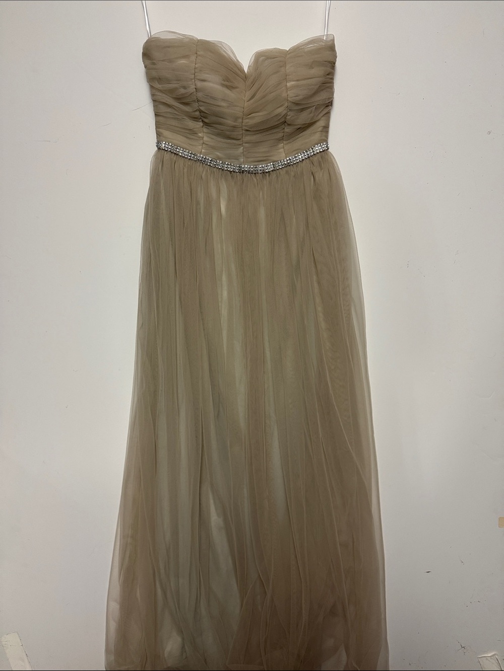 Minuet Strapless Taupe Tulle Evening Gown with Embellished Waist
